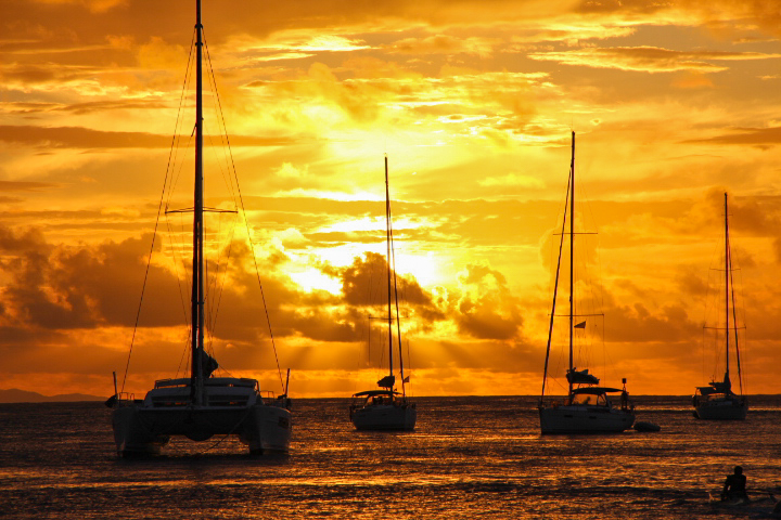 Beautiful yellow sunset with several sailboats in front of it